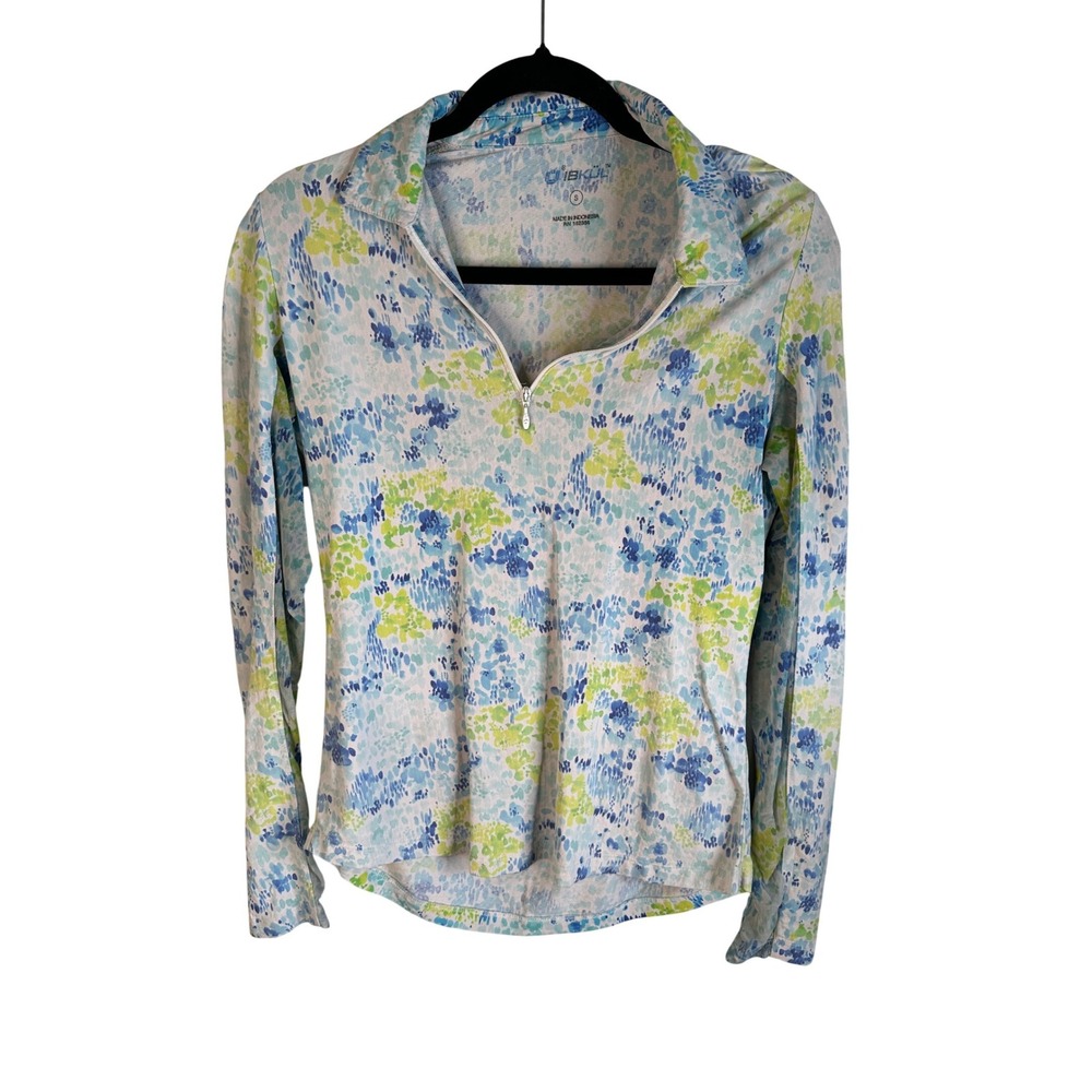 IBKUL Women's Quarter Zip Sun Shirt Blue Lime Green Floral Long Sleeve Mock